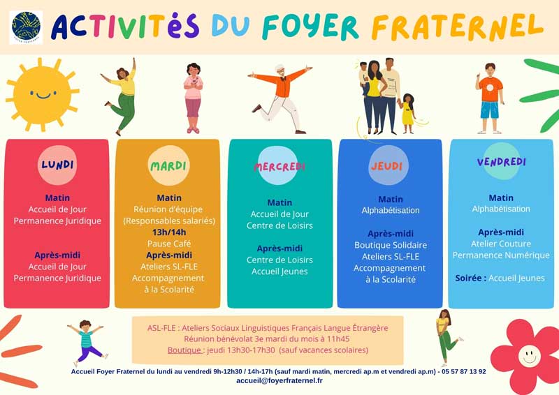 Flyer résumant les activités du Foyer Fraternel