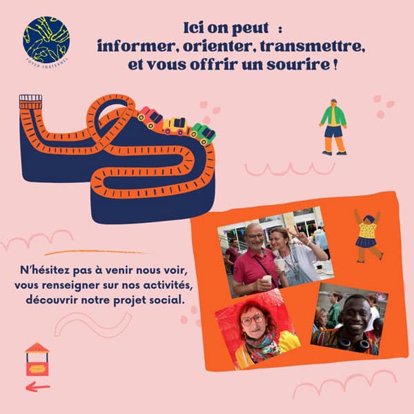 Visuel d'information de ce que l'on trouve à l'Accueil du Foyer Fraternel : Informer, orienter, transmettre et offrir un sourire