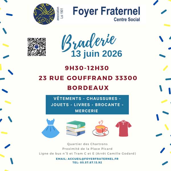 Flyer d'invitation à la Braderie du 13 juin 2026 de 9h30 à 12h30 au 23 rue Gouffrand à Bordeaux