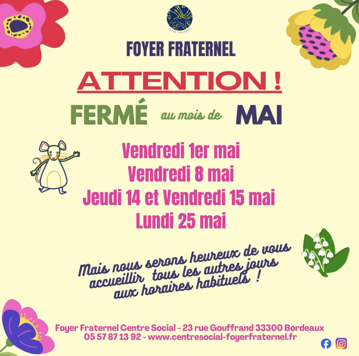 Visuel d'information des journées de fermeture (1er mai, 8 mai, 14 et 15 mai, 25 mai 2026)