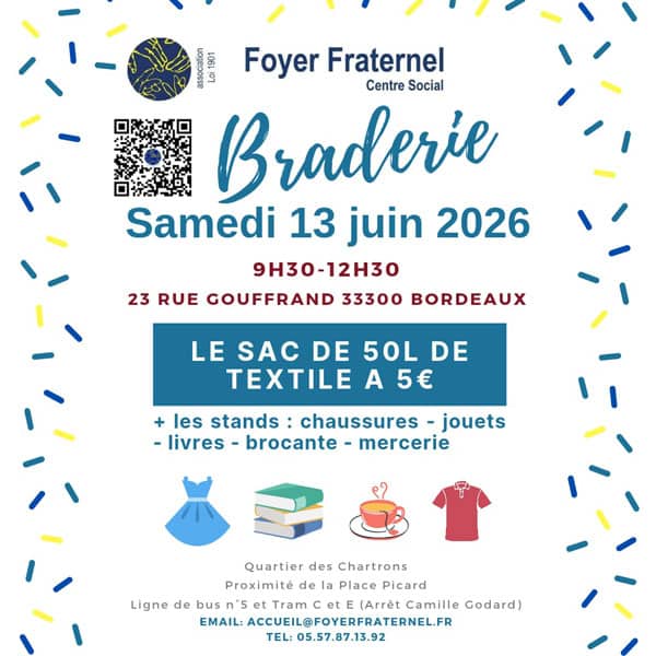 Flyer d'invitation à la Braderie du 13 juin 2026 de 9h30 à 12h30 au 23 rue Gouffrand à Bordeaux. Le sac de 50 L de textile à 5 euros.