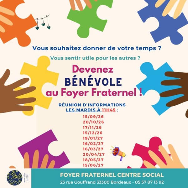 Visuel des réunions d'information programmées pour devenir bénévole au Foyer Fraternel.
