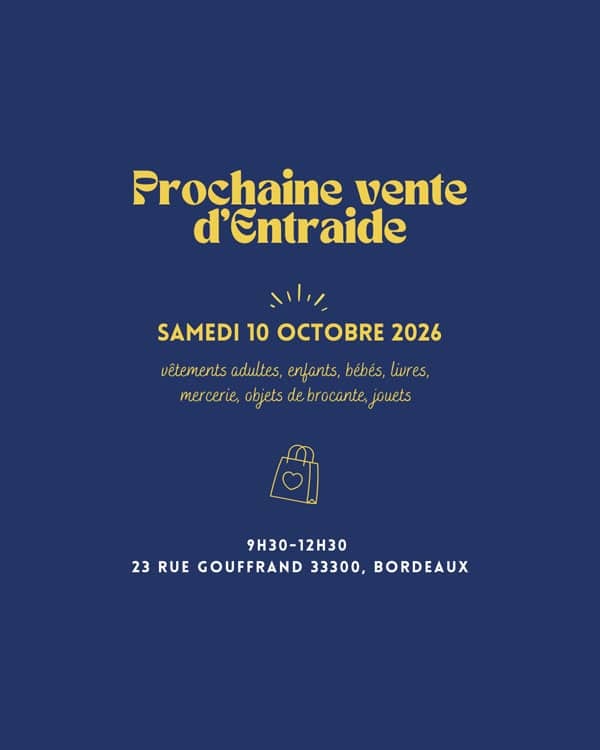 Visuel d'information de la prochaine Vente d'entraide du samedi 10 octobre de 9h30 à 12h30