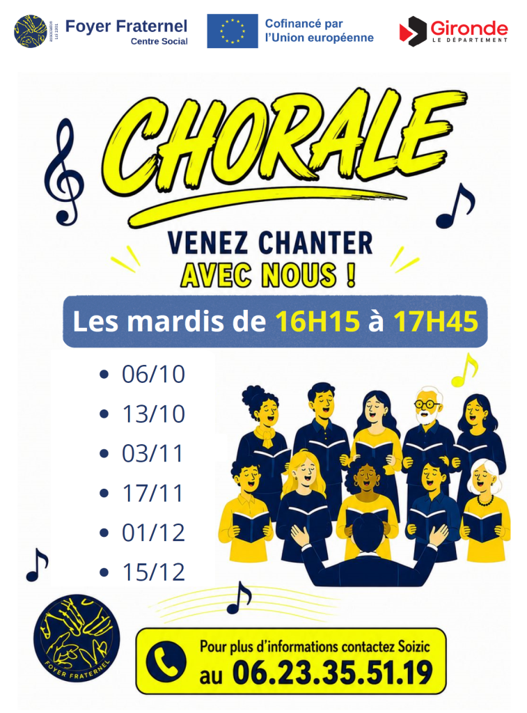 Visuel sur les dates de chorale, le mardi de 16h15 à 17h45