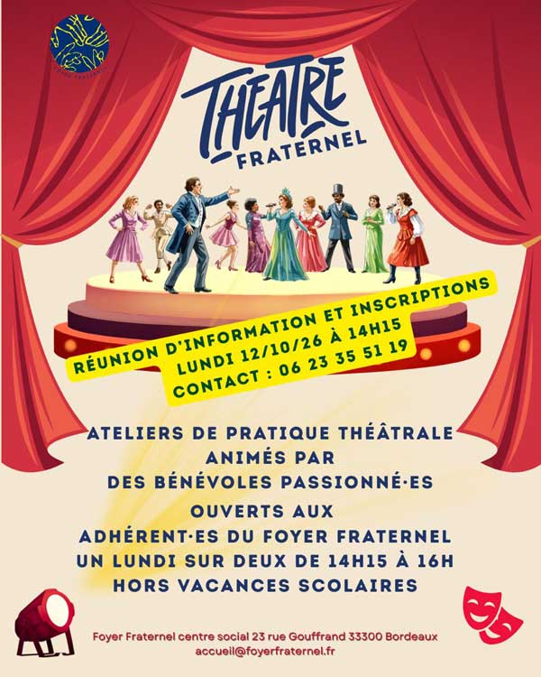 Flyer d'information pour la réunion de l'atelier théâtre et les inscriptions le lundi 12 octobre à 14h15. Contact : 06.23.35.51.19